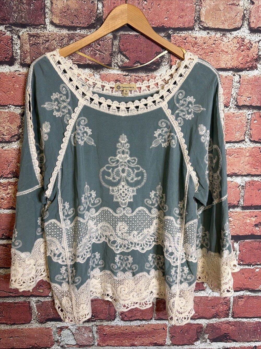 Sage Green Embroidered Lace Crochet Boho Cottagecore Blouse Medium Womens